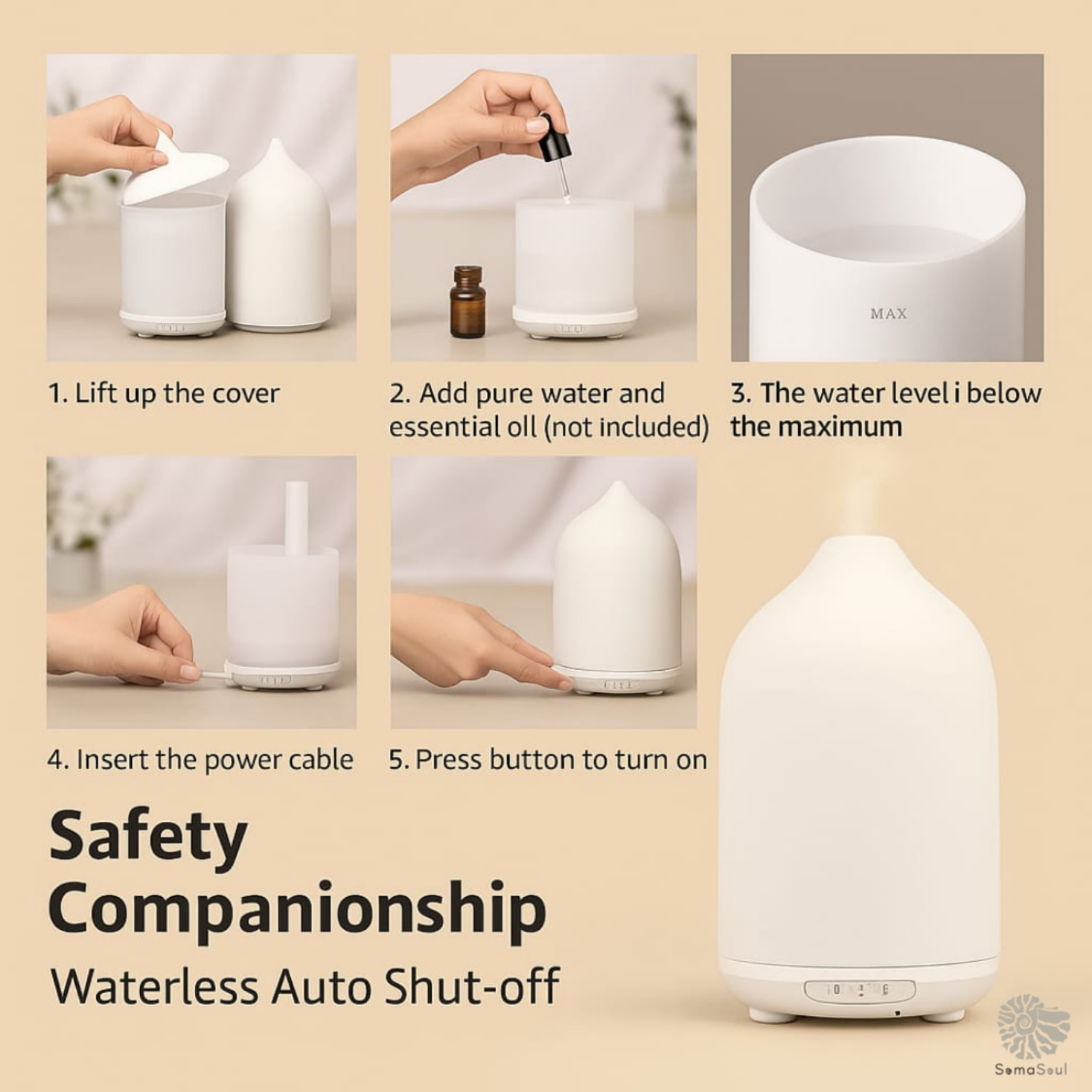 Ceramic Essential Oil Diffuser – Silent Ultrasonic Aroma Humidifier | Auto Shut-Off, Soft Glow LED