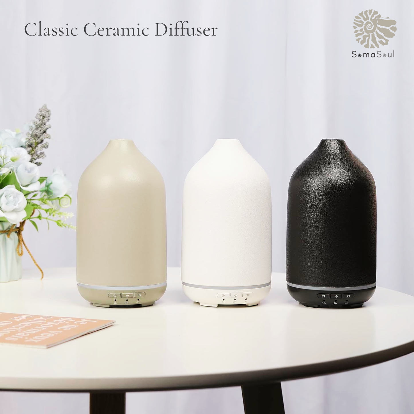 Ceramic Essential Oil Diffuser – Silent Ultrasonic Aroma Humidifier | Auto Shut-Off, Soft Glow LED