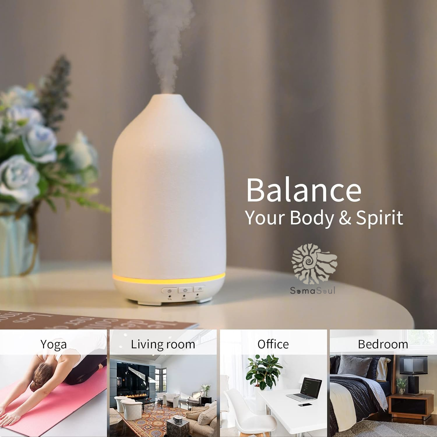 Ceramic Essential Oil Diffuser – Silent Ultrasonic Aroma Humidifier | Auto Shut-Off, Soft Glow LED